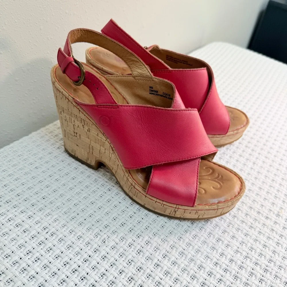 Born Wedge Sandals Women 9 Fuchsia Leather Crisscross Slingback Boho Summer Bold